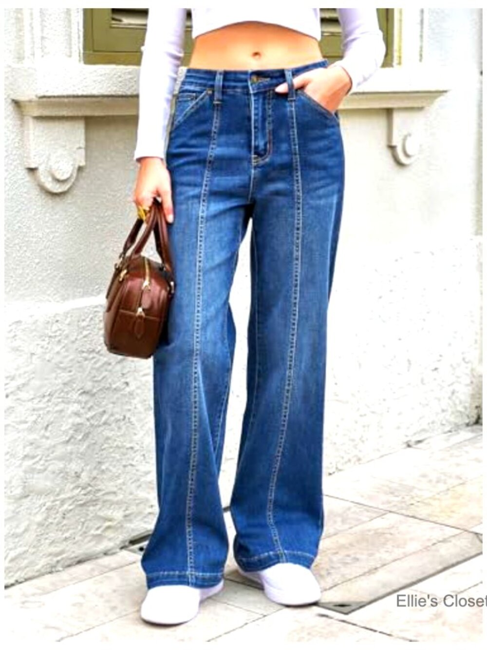 Wide Leg Jeans High Waisted Baggy Stretchy Front Seam Denim Pants - Picture 2 of 7
